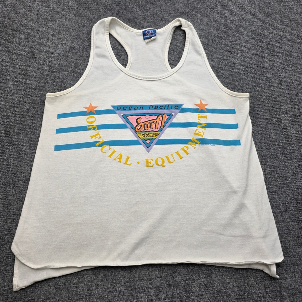 Vintage 80s Ocean Pacific OP Surf Tank Top Shirt Medium White Graphic Made USA - Picture 2 of 7